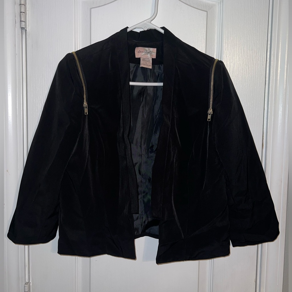 Star Style Black Cropped Blazer Jacket Zip Shoulder Detail Size M